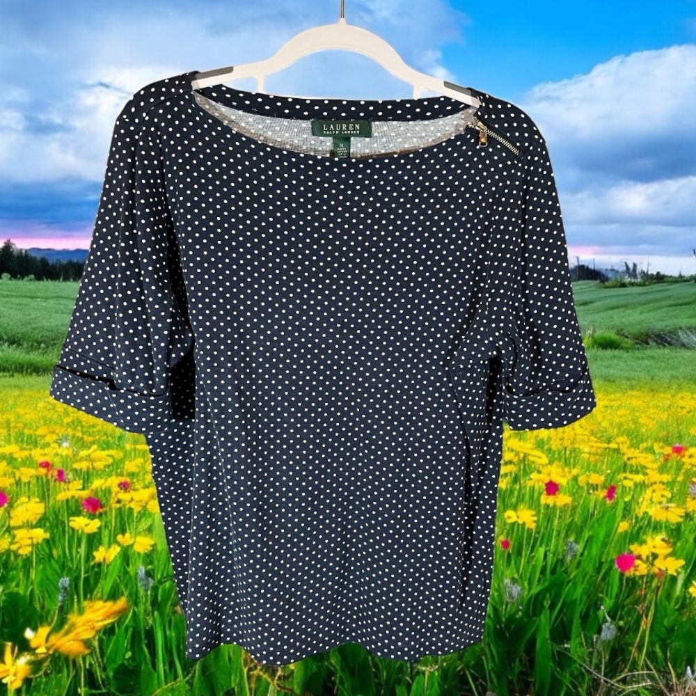 Lauren~ Ralph Lauren Navy Blouse with White Polka Dots with accent Zipper